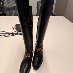 Versace Black Over the Knee Boots with Gold Detailing